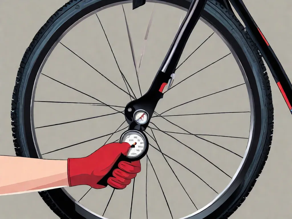 Descrição da imagem: Um close-up de uma mão segurando uma bomba de ar para pneus de bicicleta. A bomba está conectada à válvula do pneu da bicicleta, e a pessoa está inflando o pneu com precisão. O foco está no manômetro de pressão, que mostra o PSI recomendado para um desempenho ideal do pneu.