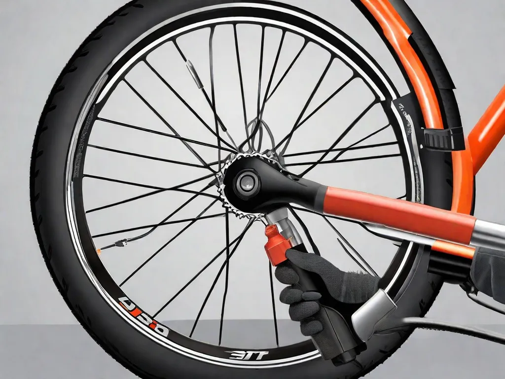 Descrição da imagem: Um close-up das mãos de uma pessoa segurando uma bomba de ar para pneus de bicicleta. A pessoa está usando luvas de proteção e está inflando o pneu de uma bicicleta. O fundo mostra um kit de ferramentas organizado com várias ferramentas de manutenção de bicicleta, como chaves inglesas, chaves de fenda e lubrificantes.