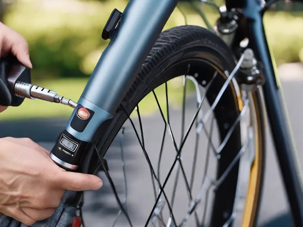 Descrição da imagem: Uma foto em close das mãos de uma pessoa segurando uma bomba de ar para pneus de bicicleta. A pessoa está usando luvas e está inflando o pneu de uma bicicleta. O fundo mostra uma bicicleta bem cuidada, com engrenagens limpas e um quadro brilhante, simbolizando a importância da manutenção básica para um passeio suave.