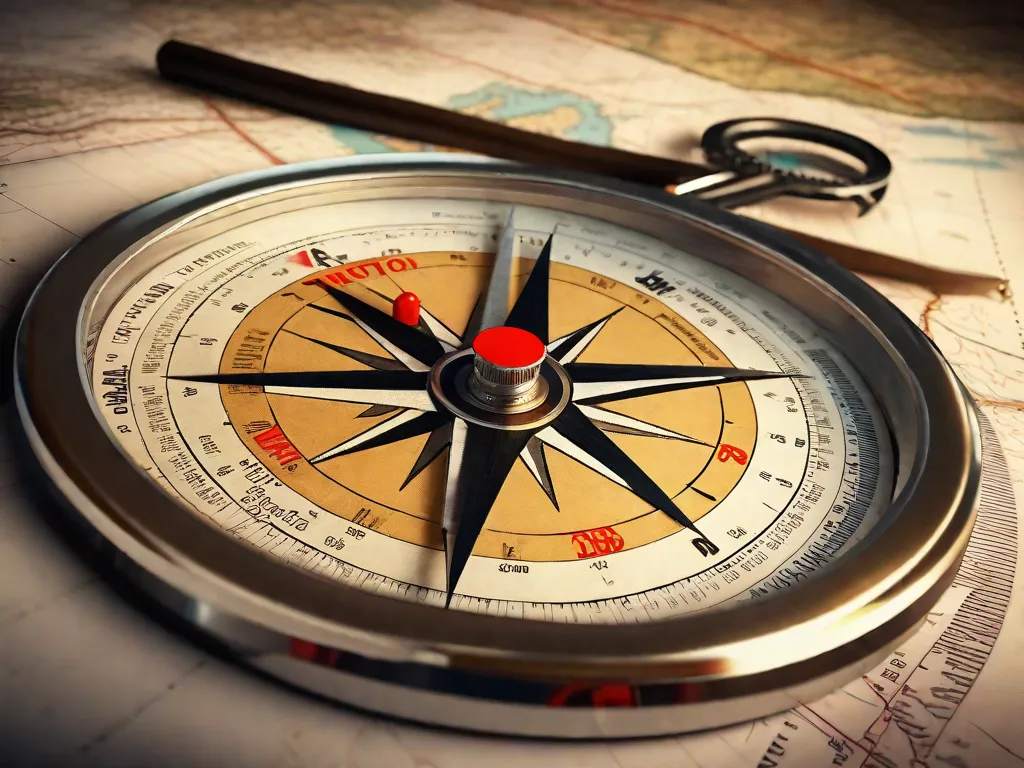 Uma bússola sobreposta em um mapa, com uma roda de bicicleta ao fundo, simbolizando a navegação e a importância da direção enquanto se pedala.