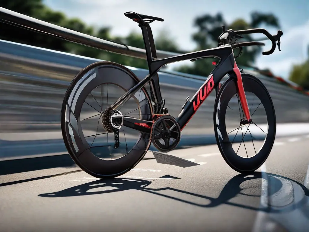 Um resistente cadeado em U fixando uma elegante bicicleta de estrada a um sólido e imóvel suporte para bicicletas, com o quadro e uma roda trancados juntos. O cadeado evita o tubo superior e é posicionado ao redor do triângulo traseiro para prevenir ataques de alavanca.