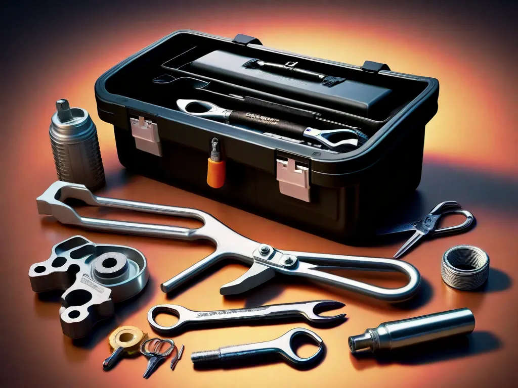 Uma imagem de uma caixa de ferramentas de um mecânico de bicicletas cheia de várias ferramentas como chaves inglesas, chaves de fenda, alicates e uma ferramenta de corrente. Essas ferramentas são essenciais para os entusiastas de bicicletas que desejam remover e reparar diferentes componentes de suas bicicletas.