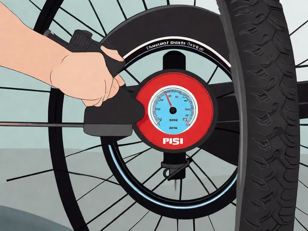 Descrição da imagem: Um close-up de um pneu de bicicleta sendo inflado com uma bomba manual. O foco está no medidor de pressão, mostrando o PSI (libras por polegada quadrada) correto para um desempenho ótimo do pneu. A mão do ciclista está segurando firmemente a alça da bomba, indicando o processo de calibração do pneu da bicicleta