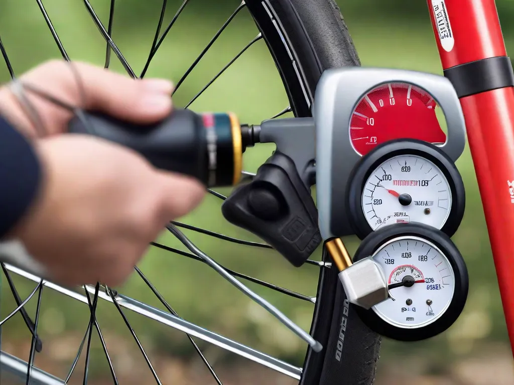 Descrição da imagem: Um close-up de um pneu de bicicleta sendo inflado com um medidor de pressão acoplado a ele. A mão do ciclista segura a bomba, mostrando o processo de calibrar o pneu para a pressão recomendada. O cenário ao fundo mostra uma trilha cênica para ciclismo, enfatizando a importância da calibragem adequada do pneu para um passeio
