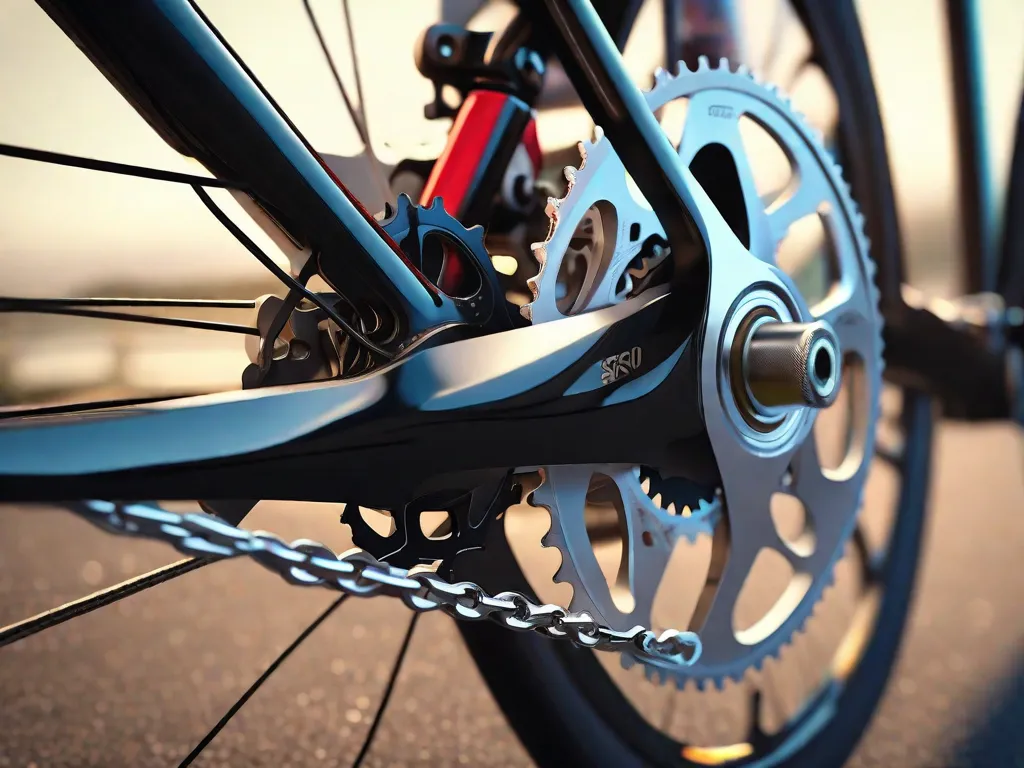 Uma imagem em close-up de um câmbio traseiro em uma bicicleta de estrada, destacando o trabalho metálico intrincado, as rodas da polia e a corrente deslizando pelo mecanismo, com o cassete da bicicleta ao fundo. O foco está na engenharia de precisão do componente de troca de marchas.