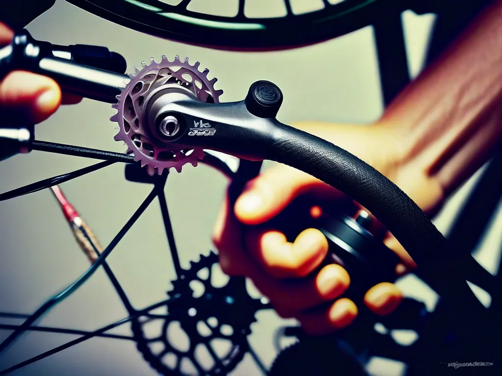 Uma imagem em close-up de um trocador de marchas de bicicleta, com a mão do ciclista ajustando as marchas. O foco está nas intricadas mecânicas do trocador, destacando a importância de entender e dominar os ajustes de marcha para um passeio suave e eficiente.