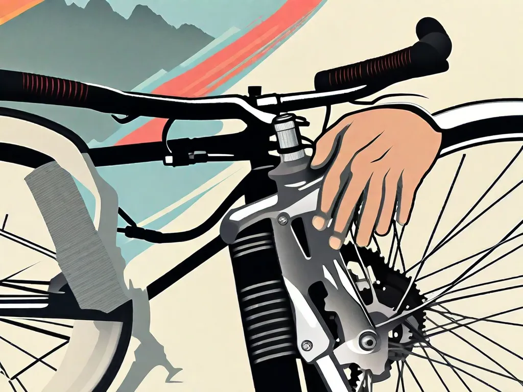 Descrição da imagem: Um close-up de um trocador de marchas de bicicleta, com a mão do ciclista ajustando as marchas. O foco está no movimento preciso dos dedos, destacando o processo passo a passo de ajustar as marchas da bicicleta. O fundo mostra uma rota cênica para ciclismo, simbolizando a alegria e liberdade de uma bicicleta bem ajust