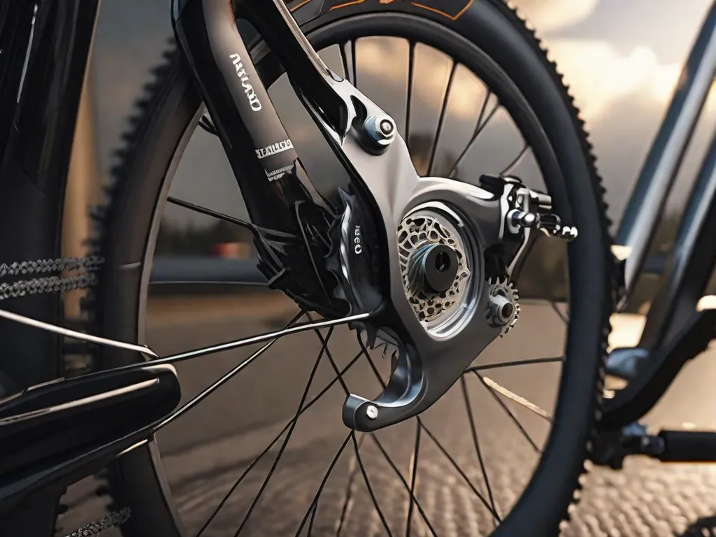 Uma imagem em close-up de um câmbio de bicicleta, com a mão do ciclista ajustando as marchas. O foco está nos detalhes intricados do mecanismo do câmbio, mostrando a precisão e o controle necessários para trocar as marchas durante o ciclismo.