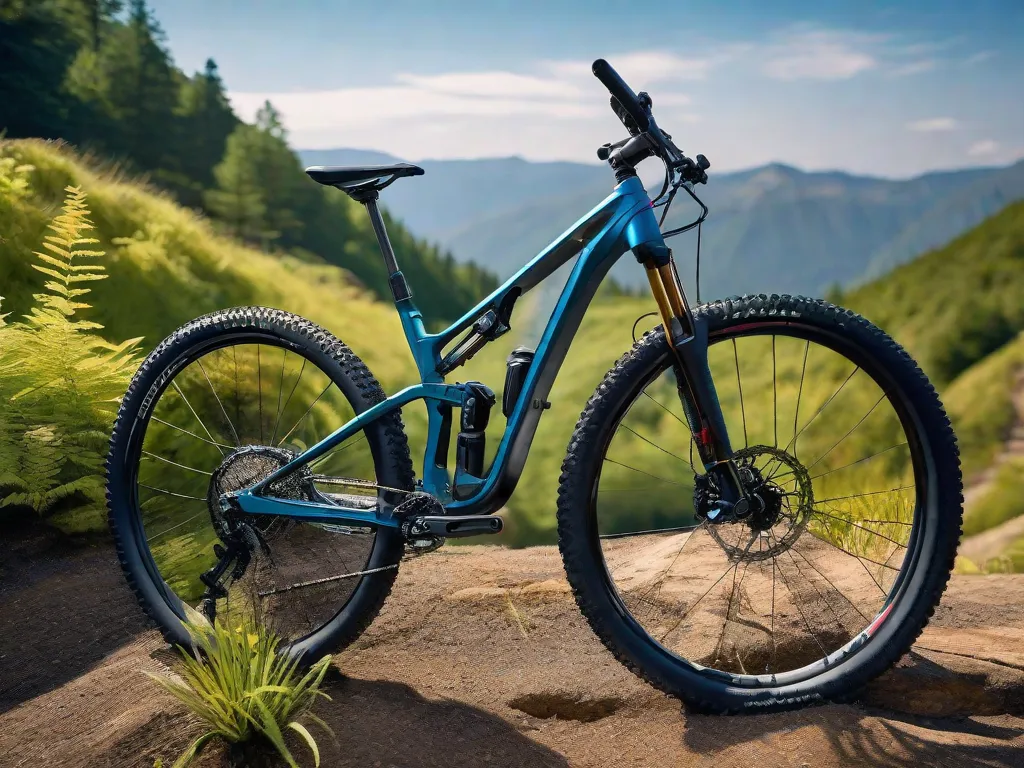 Uma câmera DSLR elegante com uma lente zoom montada em um tripé tem vista para uma trilha cênica de mountain bike. A tela da câmera exibe uma imagem nítida e focada de uma bicicleta de montanha colorida encostada em um cenário de vegetação exuberante e terreno acidentado sob um céu azul límpido.