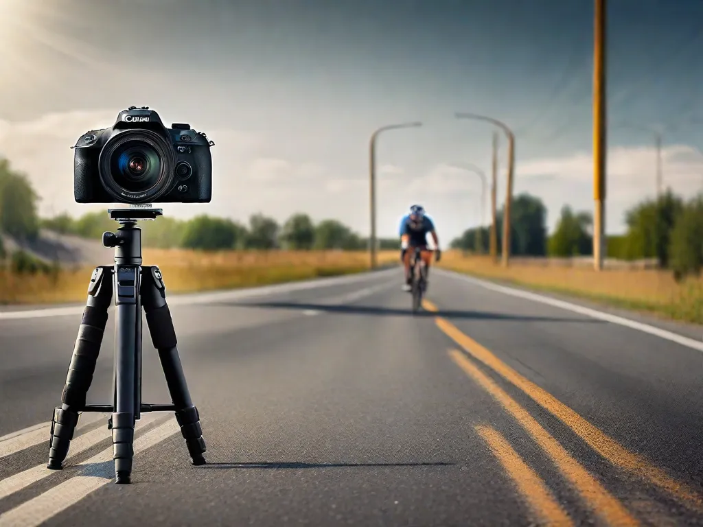 Uma câmera DSLR montada em um tripé à beira da estrada, com um fundo desfocado capturando o movimento de um ciclista passando em alta velocidade. As configurações da câmera são visíveis na tela, mostrando uma alta velocidade do obturador para congelar a ação.