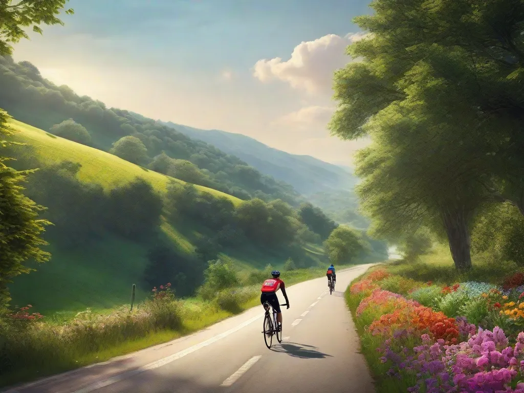 Descrição: Uma imagem de uma estrada serena no campo se estendendo ao longe, cercada por vegetação exuberante e flores silvestres coloridas. Um ciclista é visto pedalando tranquilamente, com o rosto cheio de alegria e tranquilidade. A imagem captura a paz e a liberdade que o ciclismo traz, rejuvenescendo a alma e conectando-se com a natureza.