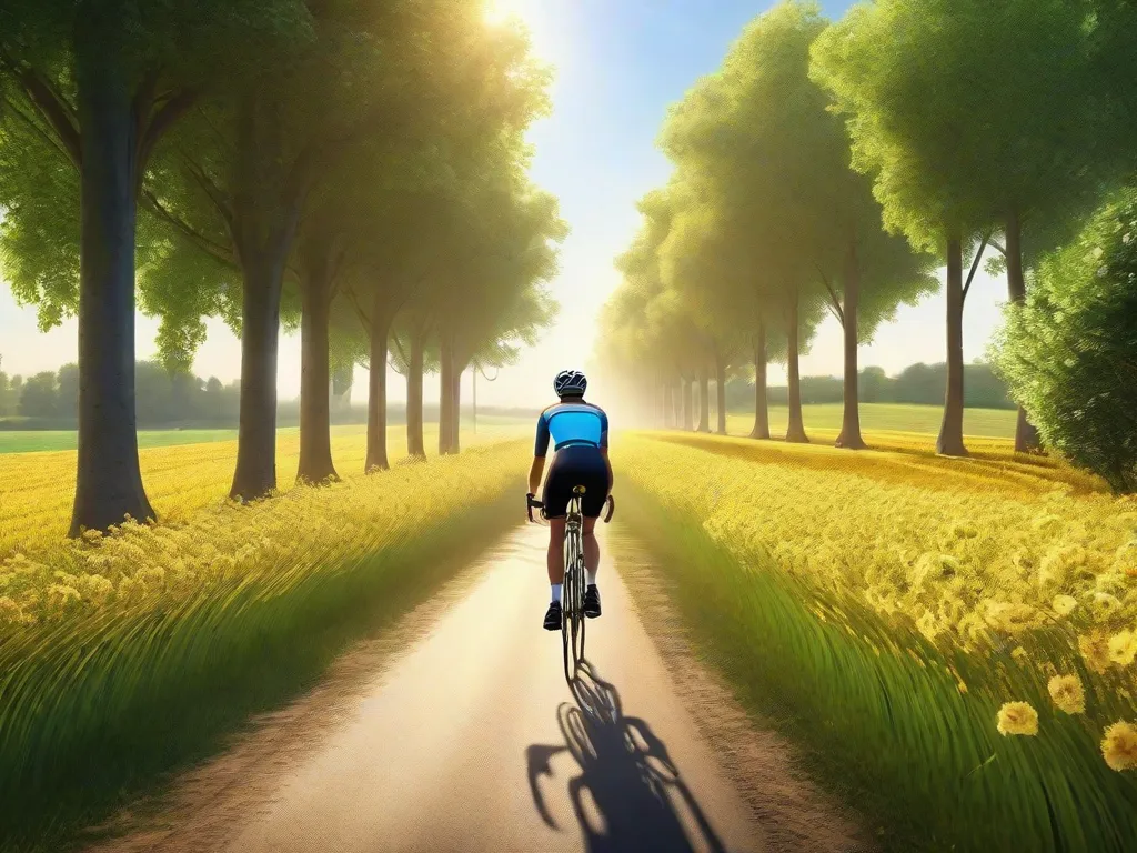 Descrição: Uma imagem de uma estrada tranquila no campo, cercada por árvores altas e banhada pela luz dourada do sol. Um ciclista é visto pedalando pacificamente ao longo da estrada, rodeado por campos verdejantes e flores em flor. A imagem captura a sensação de liberdade, tranquilidade e paz interior que o ciclismo traz à alma.