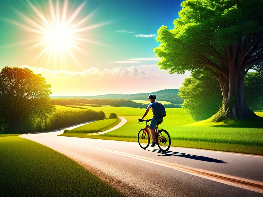 Descrição da imagem: Uma paisagem vibrante e ensolarada com uma estrada sinuosa se estendendo ao longe. No primeiro plano, uma bicicleta solitária fica em pé contra uma árvore, simbolizando liberdade, aventura e a jornada da vida. A imagem evoca uma sensação de nostalgia e as possibilidades que estão à nossa frente quando abraçamos nossos sonhos.