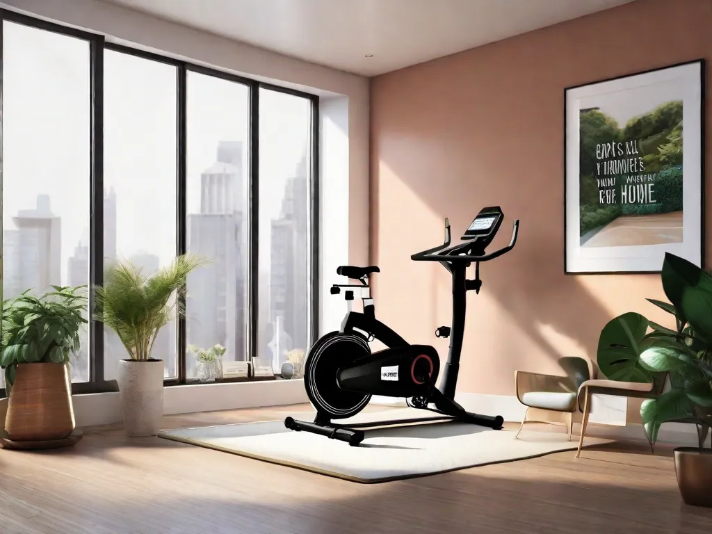 Descrição da imagem: Um quarto bem iluminado com um canto aconchegante dedicado ao fitness em casa. No centro, uma bicicleta ergométrica estacionária, elegante e moderna, está sobre um tapete macio, cercada por plantas em vasos e citações motivacionais na parede. O ambiente exala uma atmosfera calma e convidativa, perfeito para escolher a bicicleta