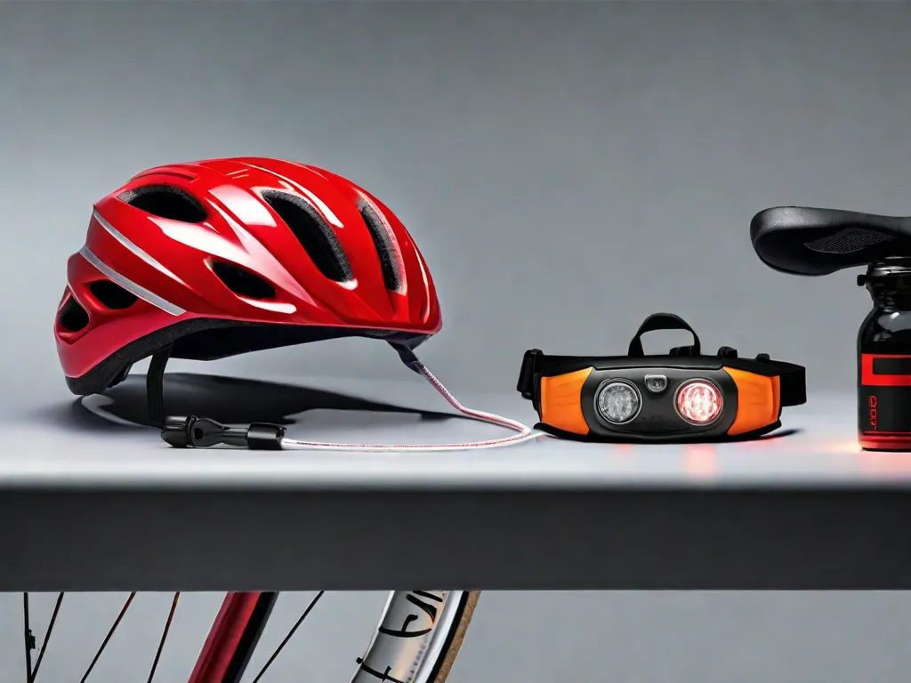 Um capacete de bicicleta vermelho brilhante repousa sobre um guidão, com um colete de segurança refletivo pendurado sobre o quadro da bicicleta. Ao fundo, um conjunto de luzes de bicicleta e um pequeno kit de primeiros socorros podem ser vistos, enfatizando a abordagem de priorizar a segurança.