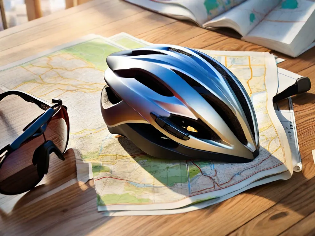 Descrição da imagem: Um close-up de um capacete de bicicleta, com a luz do sol filtrando pelos orifícios de ventilação. O capacete está colocado em uma mesa de madeira, ao lado de um mapa e um par de óculos de sol. A imagem representa a importância da segurança durante os passeios de bicicleta, com o capacete simbolizando proteção e o mapa indicando a necessidade de planejar rot