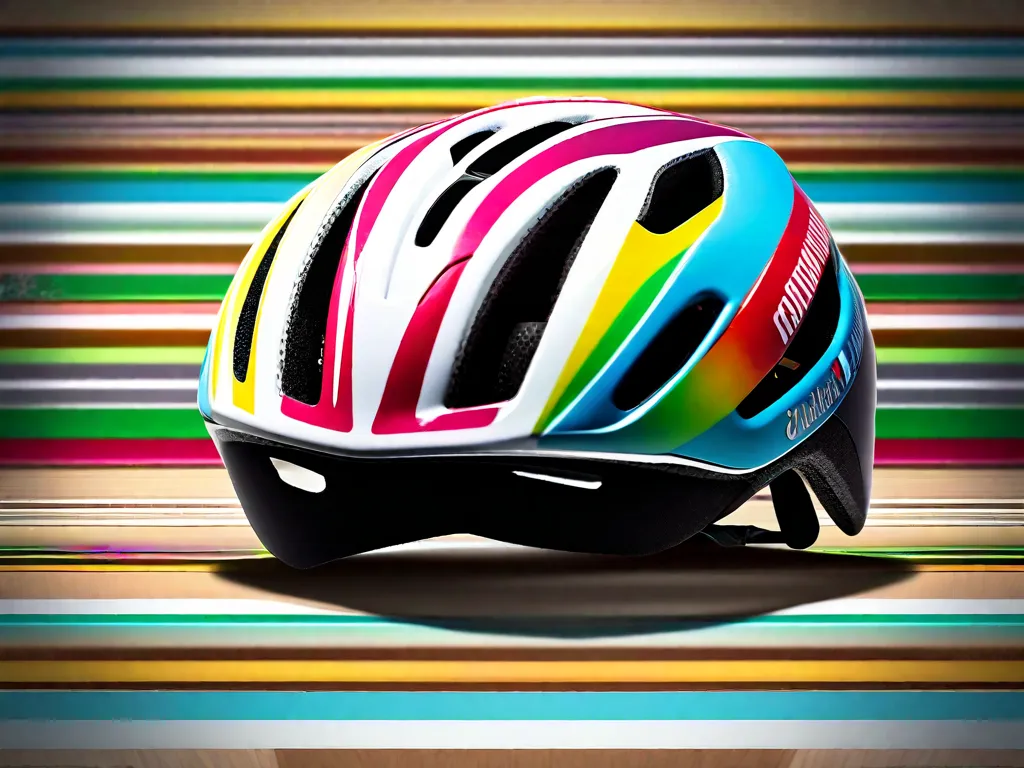 Descrição da imagem: Um close-up de um capacete de bicicleta novo e brilhante, colocado em uma mesa de madeira, com um par de luvas de ciclismo e uma garrafa de água ao lado. O capacete está decorado com adesivos coloridos representando diferentes marcas de ciclismo, simbolizando segurança e estilo para iniciantes no mundo do ciclismo.