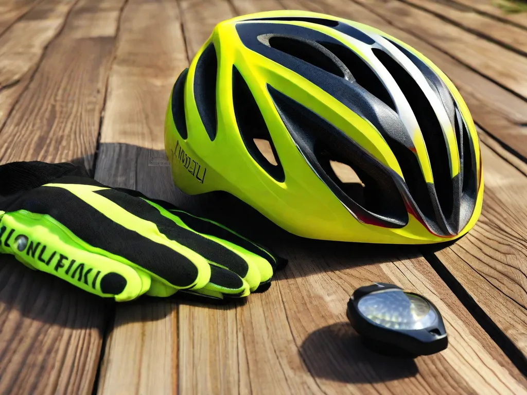 Uma imagem de close-up do capacete de um ciclista, com adesivos refletivos de segurança, ao lado de um par de luvas amarelas de alta visibilidade e uma luz traseira de bicicleta ligada, colocados sobre uma superfície de madeira sugerindo preparação para uma condução segura em condições de baixa visibilidade.