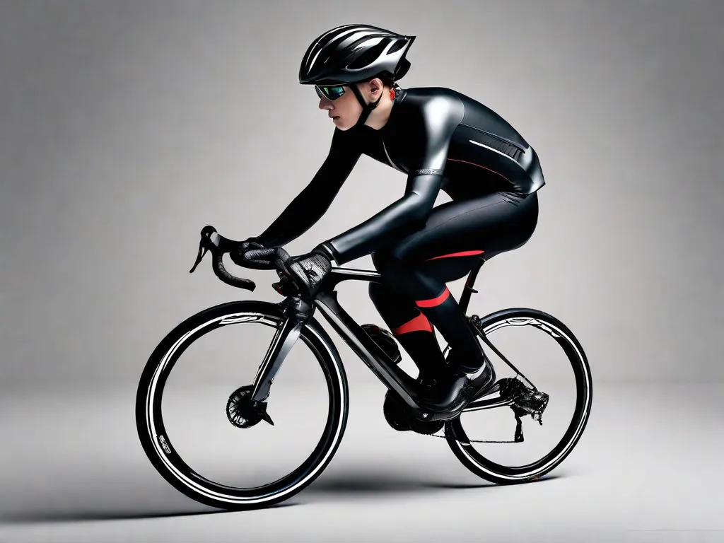 Um ciclista usando um capacete elegante e aerodinâmico com um visor integrado. Nas laterais, o capacete possui protetores de ouvido embutidos com recortes, permitindo tanto o aquecimento quanto a capacidade de ouvir os sons do ambiente. Detalhes refletivos aumentam a visibilidade para segurança.