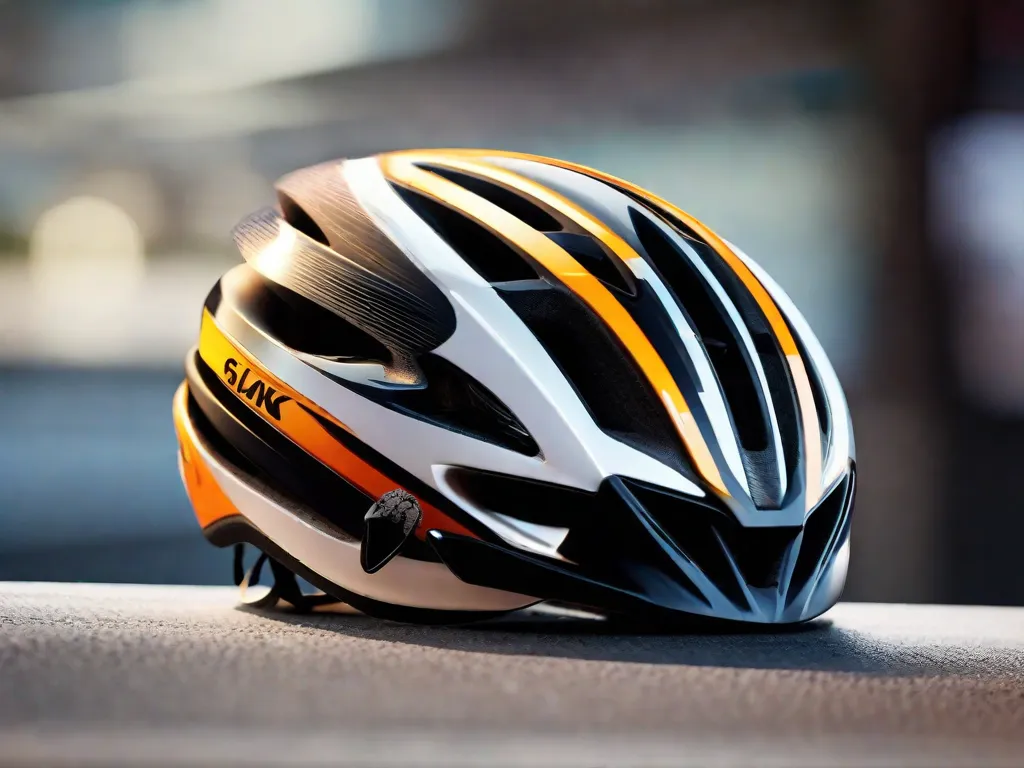 Uma imagem em close-up do capacete de um ciclista, mostrando seu design elegante e recursos avançados de proteção. O capacete está estrategicamente posicionado no guidão de uma bicicleta, simbolizando a importância da proteção essencial para os ciclistas durante seus passeios.