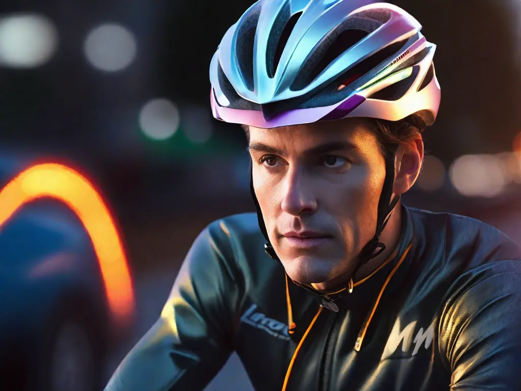 Um close-up de um capacete de bicicleta firmemente preso na cabeça de um ciclista, com um colete de segurança reflexivo vestido por cima de uma jaqueta, e luzes LED brilhantes acopladas à frente e à traseira de uma bicicleta de estrada durante o crepúsculo.