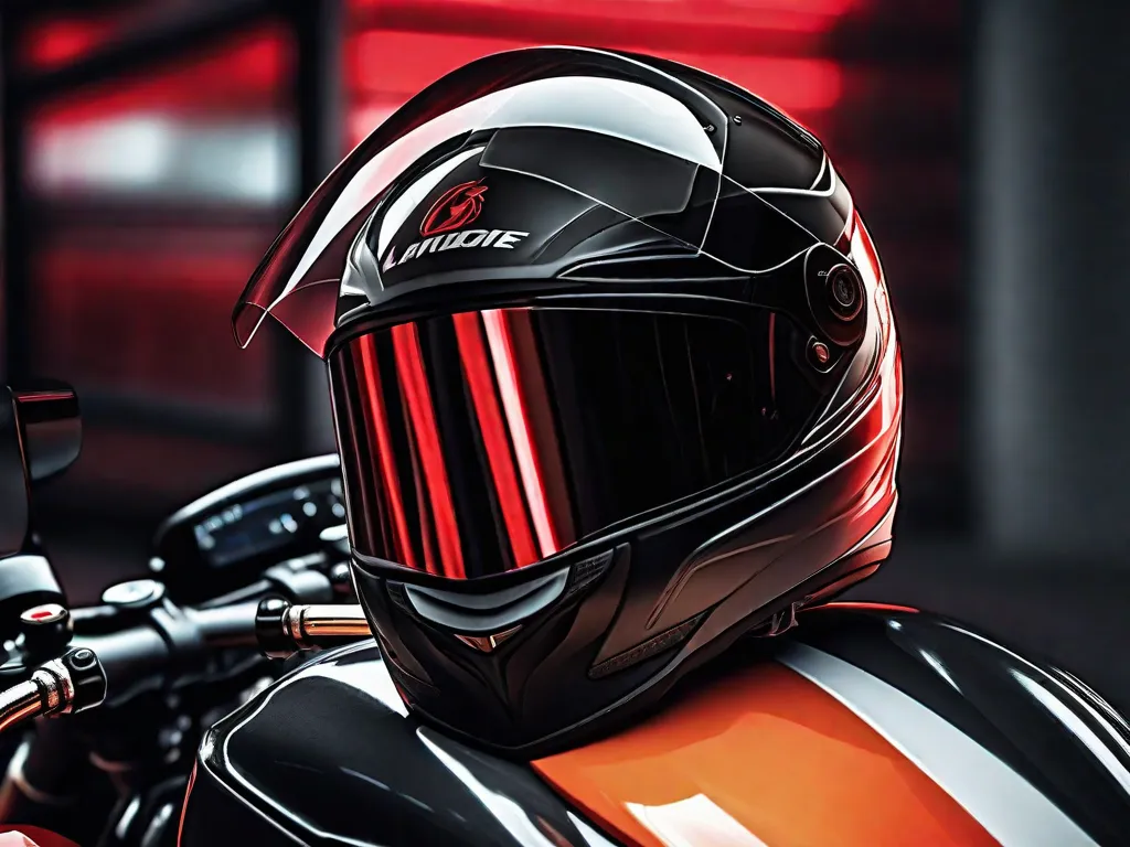 Um capacete vermelho brilhante com faixas refletivas repousa sobre o assento de uma motocicleta preta. Ao lado, luvas blindadas, um jaqueta de alta visibilidade com proteção acolchoada e protetores de joelho estão cuidadosamente organizados, sugerindo segurança e prontidão para um passeio.