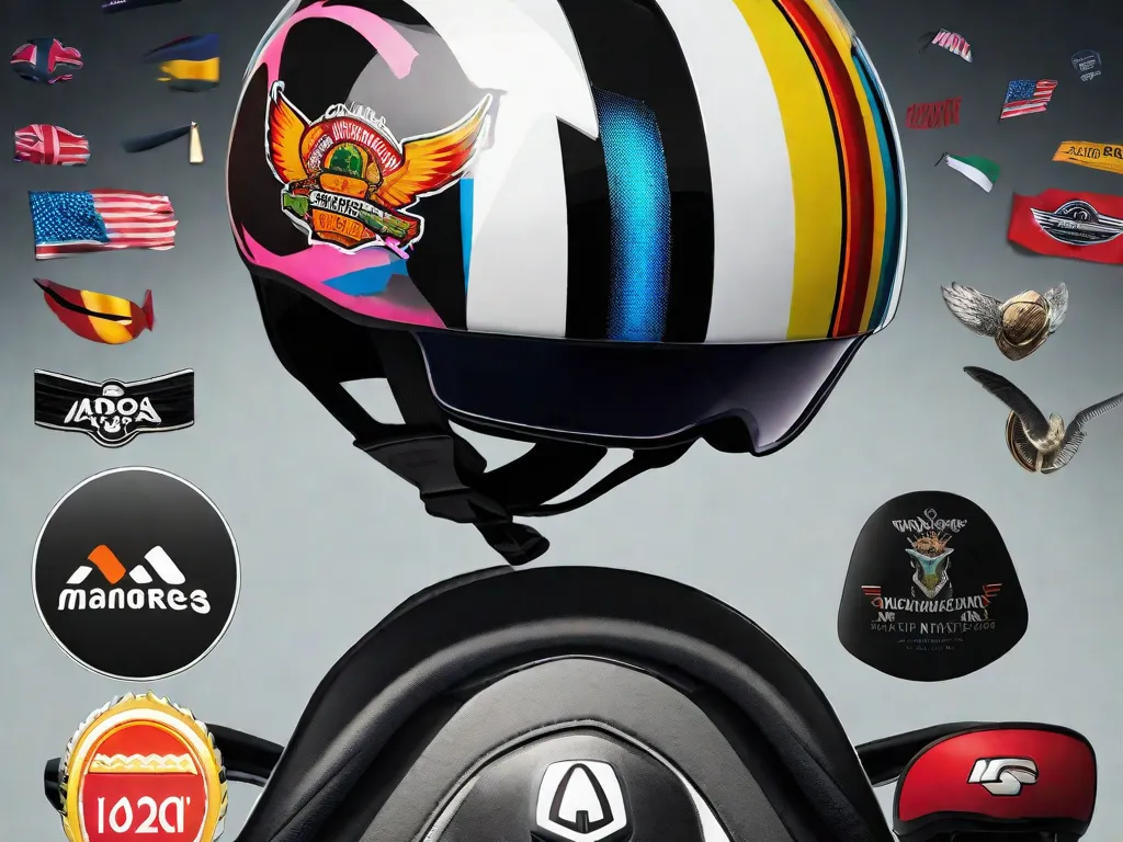 Uma imagem em close-up de um capacete preto e elegante descansando no guidão de uma bicicleta. O capacete é adornado com adesivos vibrantes representando diferentes equipes de ciclismo, enfatizando a importância de usar um capacete para segurança, enquanto exibe estilo individual e apoio ao esporte.