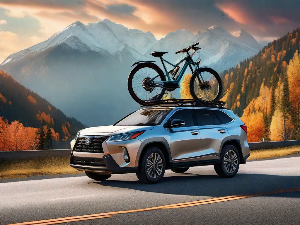Descrição da imagem: Uma fotografia vibrante mostrando um carro elegante com um suporte de teto montado no topo. O suporte segura com segurança duas bicicletas, prontas para uma aventura emocionante. O plano de fundo apresenta uma cordilheira pitoresca, sugerindo as infinitas possibilidades de explorar novas trilhas de ciclismo.