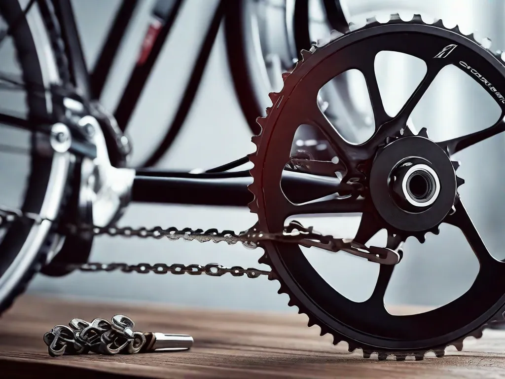 Uma imagem em close-up do cassete traseiro e do desviador de uma bicicleta em foco nítido, destacando as engrenagens metálicas limpas e interligadas e a corrente deslizando suavemente sobre elas, tudo isso contra o fundo desfocado de uma bancada de oficina com várias ferramentas de bicicleta espalhadas ao redor.