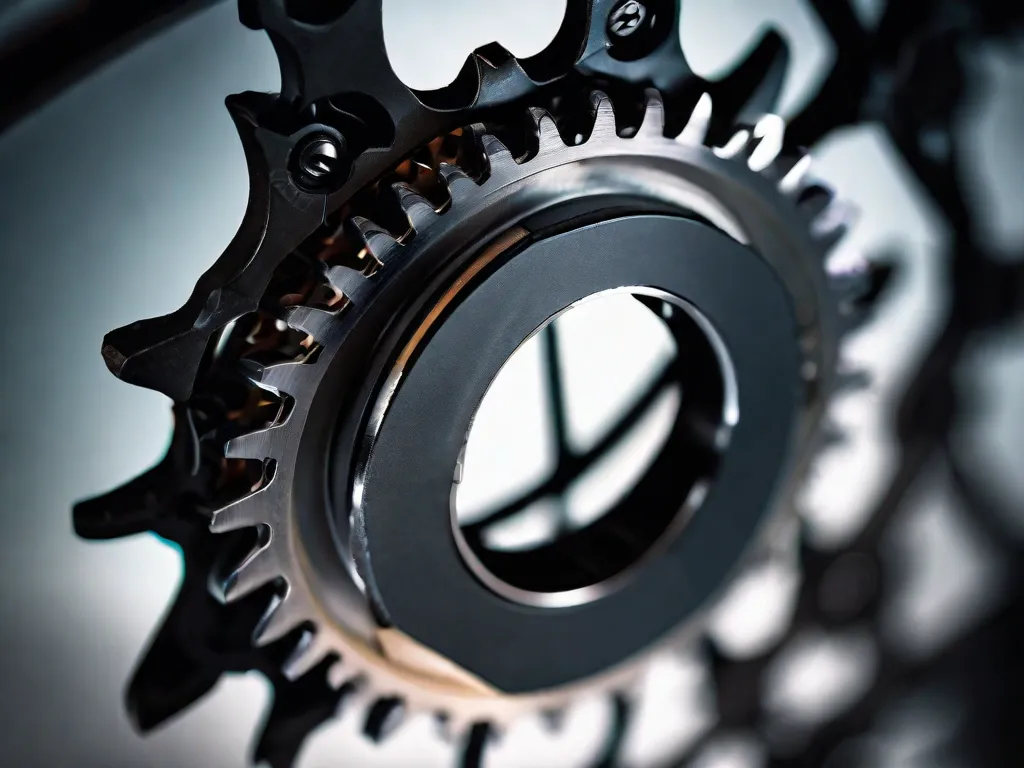 Uma imagem em close-up de um cassete de engrenagens de bicicleta, com a corrente posicionada em uma das engrenagens. O foco está nos dentes das engrenagens, destacando a precisão e funcionalidade do sistema de engrenagens.