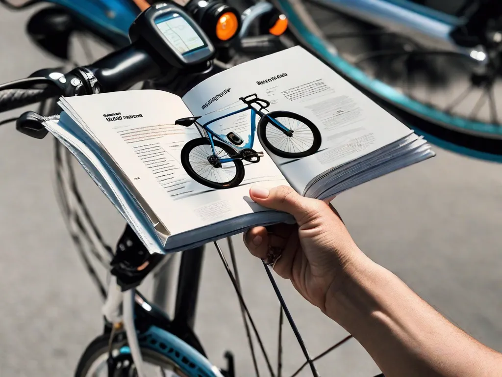 Descrição da imagem: Um close-up da mão de uma pessoa segurando um catálogo de bicicletas, com vários modelos de bicicletas sendo exibidos. Os dedos estão folheando as páginas, examinando cuidadosamente as diferentes características e especificações de cada modelo. O rosto da pessoa mostra uma expressão concentrada, refletindo sua determinação em encontrar o modelo de bicicleta perfeito que atenda às