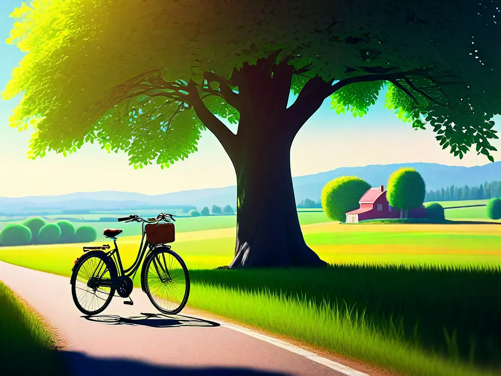 Descrição da imagem: Um dia vibrante e ensolarado com uma paisagem pitoresca no campo. No primeiro plano, uma bicicleta solitária descansa contra uma árvore, suas rodas girando preguiçosamente. A imagem transmite uma sensação de liberdade, exploração e alegria de embarcar em uma jornada pessoal.
