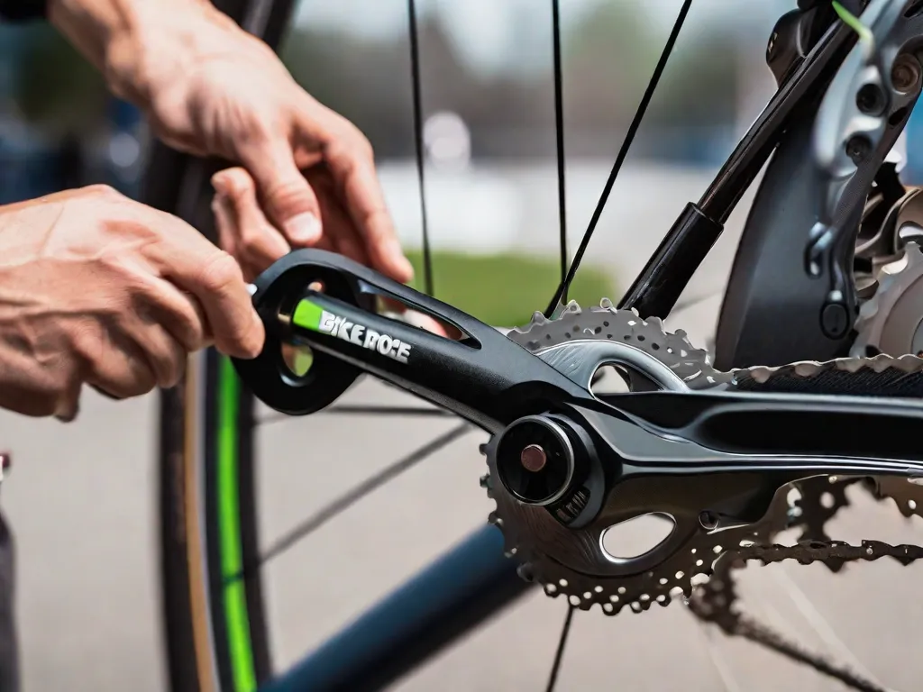 Descrição da imagem: Uma foto em close-up de uma chave de pedal de bicicleta sendo usada para soltar o pedal do braço do pedivela. A imagem mostra a chave firmemente presa ao pedal, com o ciclista aplicando força para desparafusá-lo em movimento no sentido horário. O fundo mostra outras ferramentas e peças de bicicleta, criando uma cena visualmente atraente para os entusiast