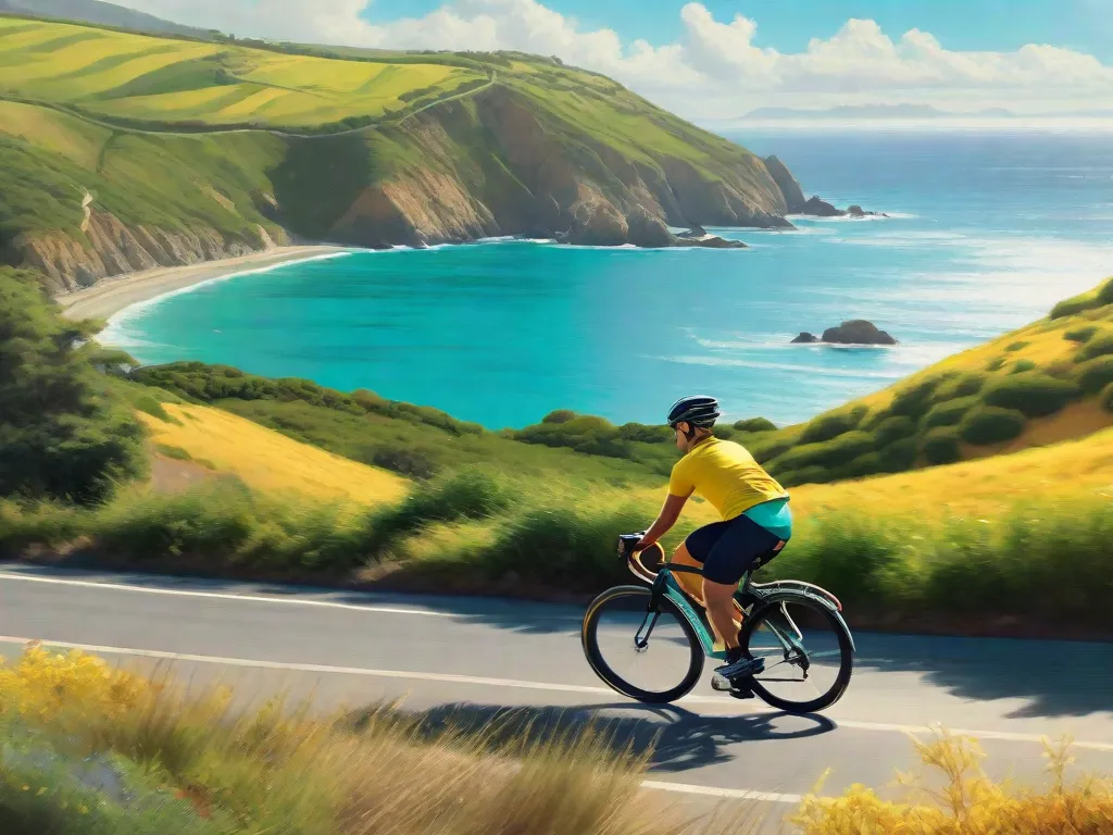 Descrição: Uma imagem vibrante de uma pessoa pedalando uma bicicleta ao longo de uma estrada costeira cênica. O ciclista está usando um capacete e uma camiseta amarela brilhante, com o vento soprando em seus cabelos. O sol está brilhando, lançando um brilho quente sobre a paisagem pitoresca de colinas ondulantes e um oceano turquesa