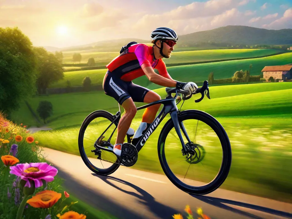 Descrição: Uma imagem vibrante de um ciclista pedalando por uma paisagem campestre pitoresca. O ciclista está rodeado por campos verdejantes e flores coloridas. O sol brilha intensamente, lançando um brilho quente no rosto do ciclista, criando uma sensação de alegria e liberdade. Essa imagem captura a essência do motivo pelo qual andar de bicicleta é bom para a alma