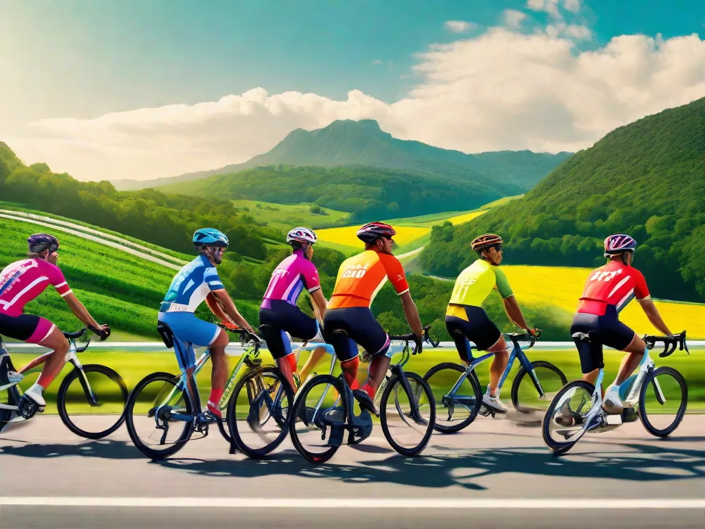 Uma imagem vibrante de um grupo de ciclistas locais pedalando juntos por uma paisagem campestre pitoresca. Os ciclistas estão vestindo camisas e capacetes coloridos, mostrando sua paixão pelo ciclismo e criando um senso de camaradagem dentro da comunidade. A imagem captura a alegria e a união que surgem ao construir uma comunidade local de ciclismo forte.