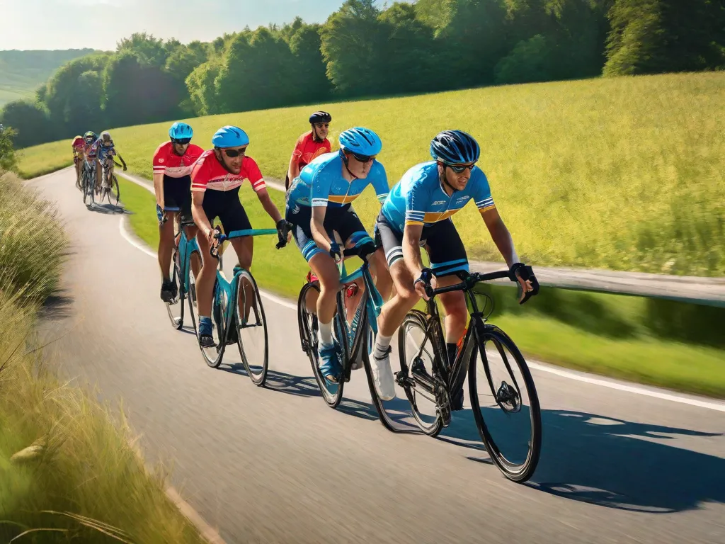 Uma imagem vibrante de um grupo de ciclistas pedalando juntos ao longo de uma trilha cênica, suas camisas coloridas e capacetes criando um belo contraste contra o cenário de vegetação exuberante. Os ciclistas estão sorrindo e conversando, mostrando o senso de camaradagem e comunidade que vem com a construção de uma comunidade local de ciclismo.