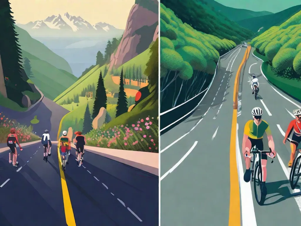 Descrição da imagem: Uma imagem dividida mostrando duas cenas contrastantes. No lado esquerdo, um ciclista é visto deslizando sem esforço por uma estrada de montanha cênica, rodeado por vegetação exuberante e vistas deslumbrantes. No lado direito, um ciclista luta para atravessar uma rua movimentada da cidade, navegando pelo trânsito e congestionamento. A imagem representa as