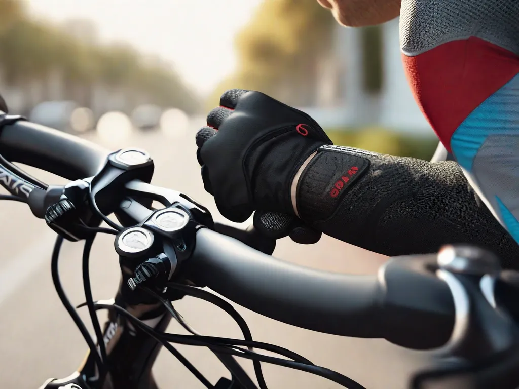 Descrição: Uma imagem em close-up das mãos de um ciclista segurando o guidão de uma bicicleta, mostrando o design ergonômico dos punhos e as luvas acolchoadas. A imagem captura a sensação de conforto e estabilidade que o equipamento proporciona, destacando a importância de um passeio suave para os ciclistas.