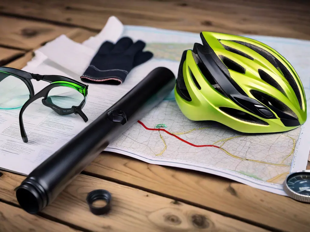 Uma lupa repousando sobre um mapa com trilhas de ciclismo marcadas, ao lado de um capacete, luvas e um caderno com observações escritas. O fundo mostra uma bicicleta desfocada encostada em uma cerca de madeira, sugerindo a exploração contínua de novas rotas por um ciclista investigativo.