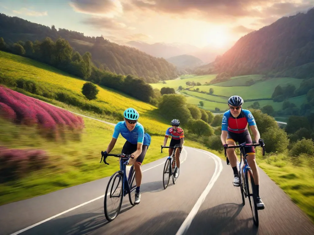 Uma imagem vibrante de um grupo de ciclistas pedalando juntos por uma paisagem campestre pitoresca. Os ciclistas estão vestindo camisas e capacetes coloridos, exalando um senso de camaradagem e união. A imagem captura a essência de construir uma comunidade local de ciclismo, promover a saúde e cultivar o amor pela natureza.