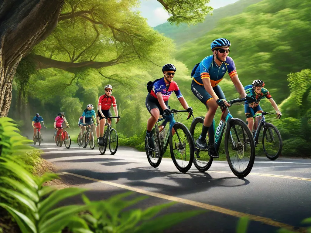 Uma imagem vibrante de um grupo de ciclistas pedalando juntos ao longo de uma trilha cênica, suas camisas coloridas e capacetes criando um belo contraste contra o cenário de vegetação exuberante. Os ciclistas estão sorrindo e conversando, mostrando o senso de camaradagem e comunidade que vem com a construção de uma comunidade local de ciclismo.