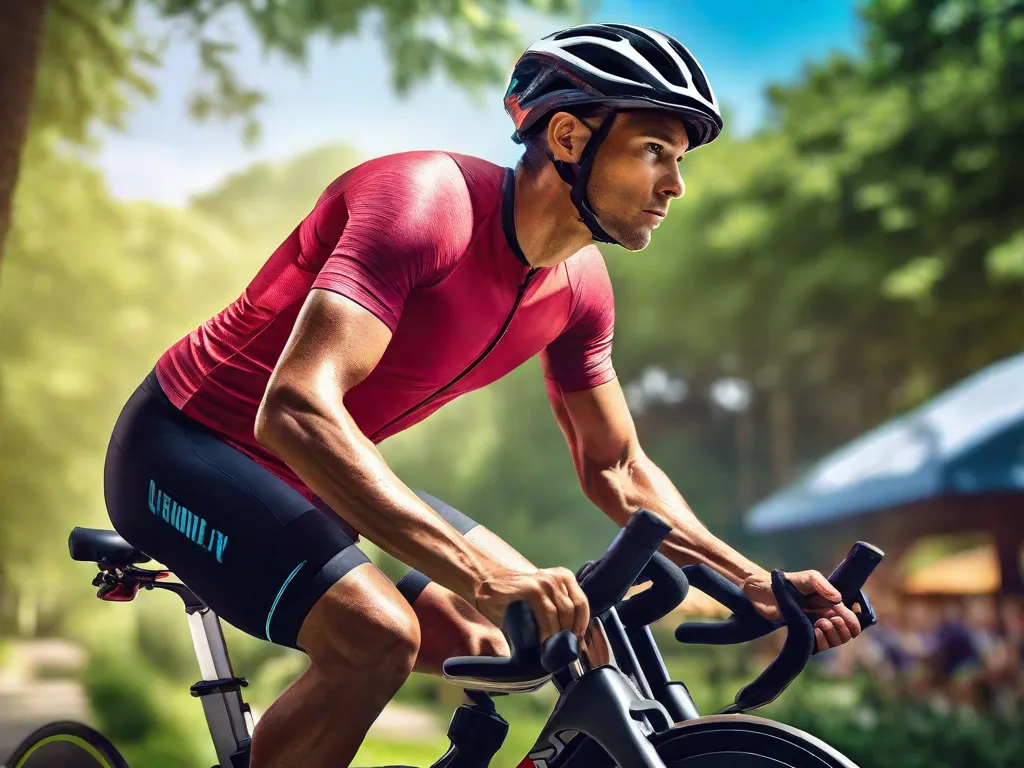 Uma imagem de uma pessoa concentrada em uma bicicleta de ciclismo indoor, com suor reluzente, com um fundo de ginásio mal iluminado contrastando com uma cena vibrante de um ciclista ao ar livre, cercado por vegetação exuberante e um céu azul claro, ambos destacando os diferentes ambientes para os entusiastas do ciclismo.