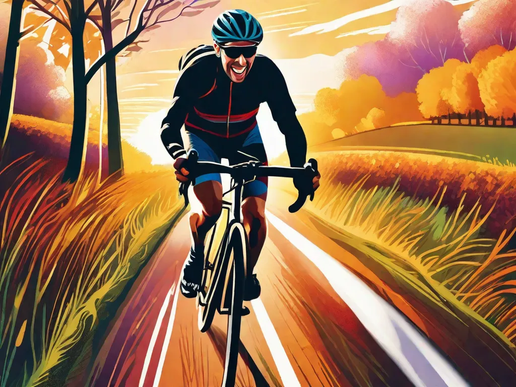 Descrição: Uma imagem vibrante de um ciclista pedalando por uma paisagem campestre pitoresca. O ciclista está rodeado por campos verdejantes e flores coloridas. O sol brilha intensamente, lançando um brilho quente no rosto do ciclista, criando uma sensação de alegria e liberdade. Essa imagem captura a essência do motivo pelo qual andar de bicicleta é bom para a alma