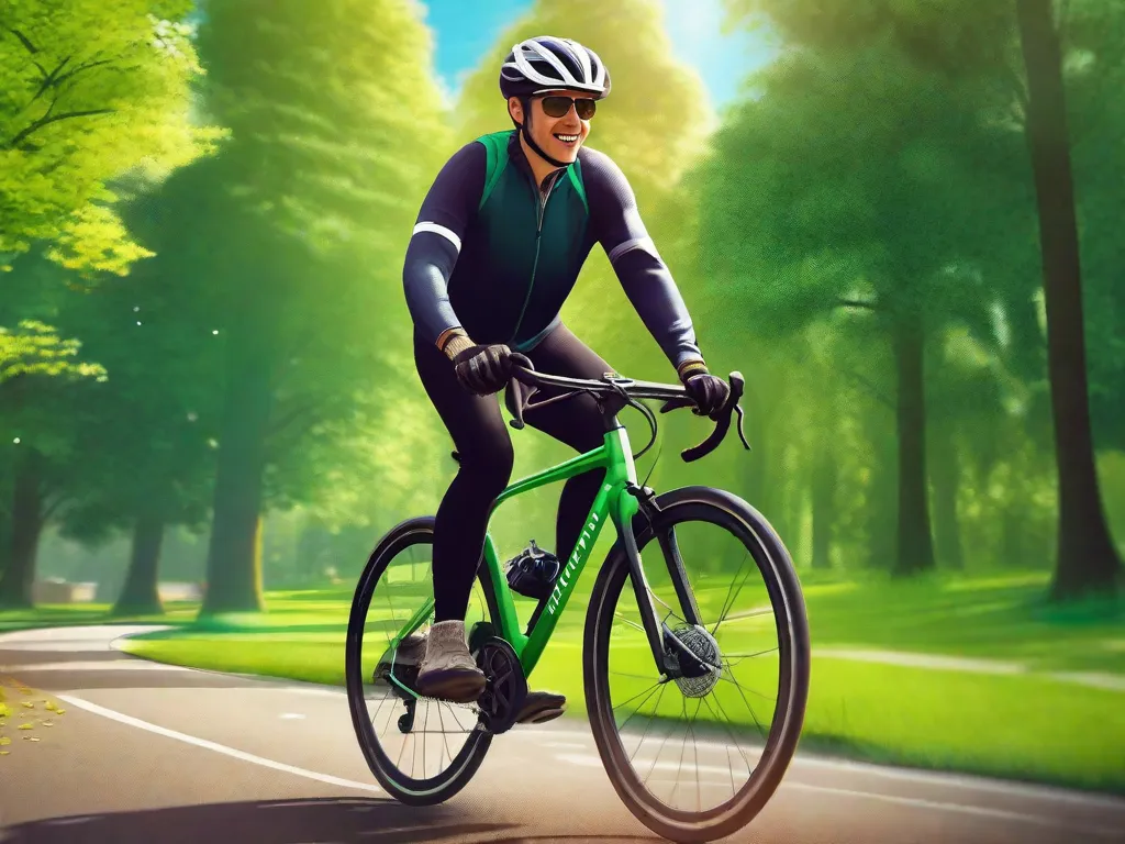 Descrição da imagem: Um dia ensolarado em um parque, com um amplo campo verde e árvores altas ao fundo. Em primeiro plano, uma pessoa usando capacete e roupas de ciclismo está pedalando uma bicicleta com confiança. Sua postura é ereta, com as mãos relaxadas no guidão, mostrando a alegria e a liberdade de aprender a andar de bicicleta.