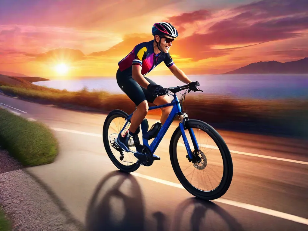 Descrição: Uma imagem vibrante de uma pessoa andando de bicicleta em um caminho cênico. O ciclista está usando um capacete e um sorriso, aproveitando a liberdade e a emoção de pedalar. O fundo mostra um belo pôr do sol, simbolizando os sonhos e aspirações associados ao ciclismo.