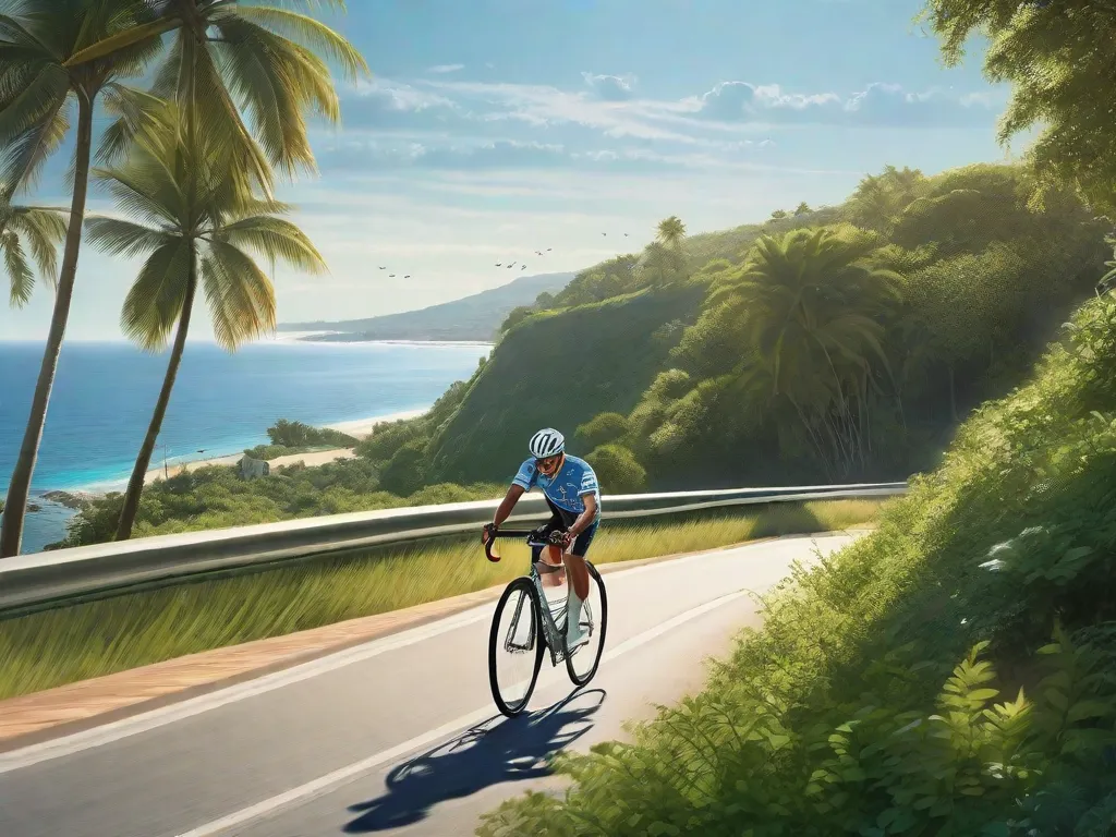 Descrição: Uma imagem tranquila de uma pessoa pedalando uma bicicleta ao longo de uma estrada costeira serena, cercada por vegetação exuberante e um céu azul claro. A postura relaxada do ciclista e sua expressão serena refletem os benefícios de alívio do estresse e redução da ansiedade de pedalar na natureza.