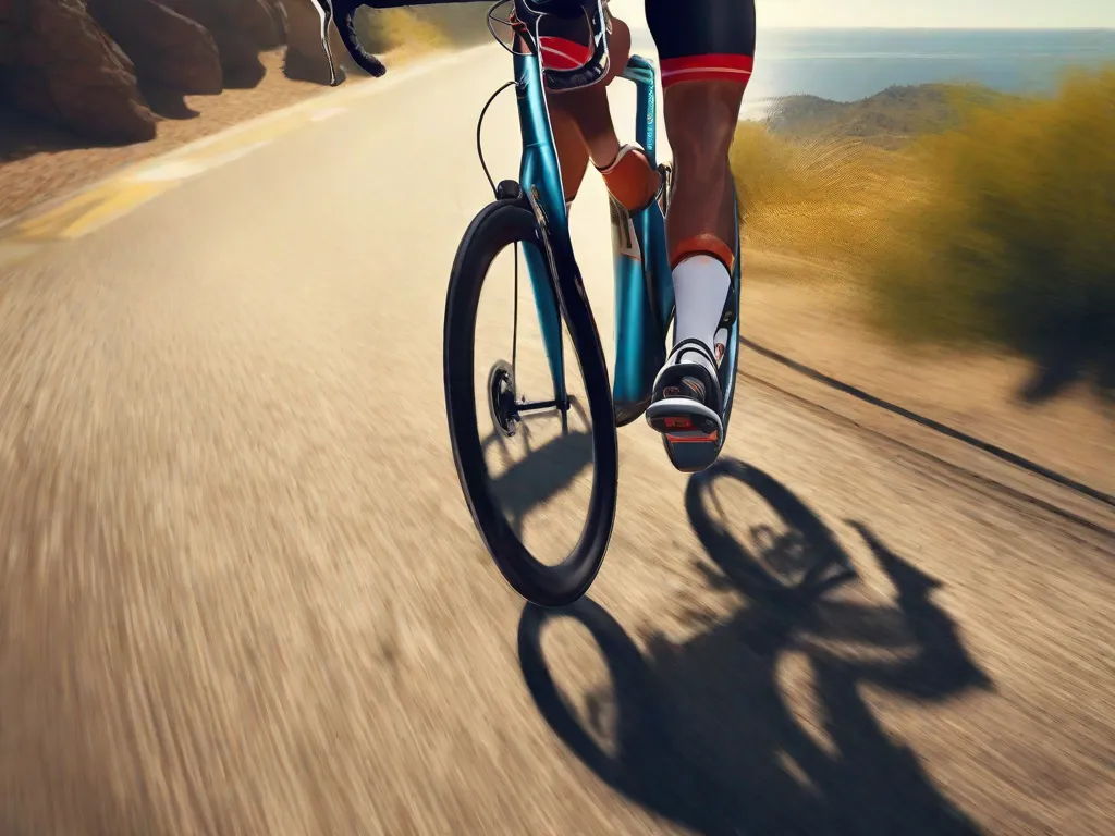 Descrição: Uma imagem em close-up dos pés de um ciclista nos pedais, destacando a técnica perfeita de pedalada. O fundo exibe uma variedade diversa de terrenos, incluindo asfalto liso, trilhas montanhosas acidentadas e praias arenosas. Essa imagem simboliza a versatilidade do ciclista e sua habilidade de conquistar qualquer terreno com habilidade e precis