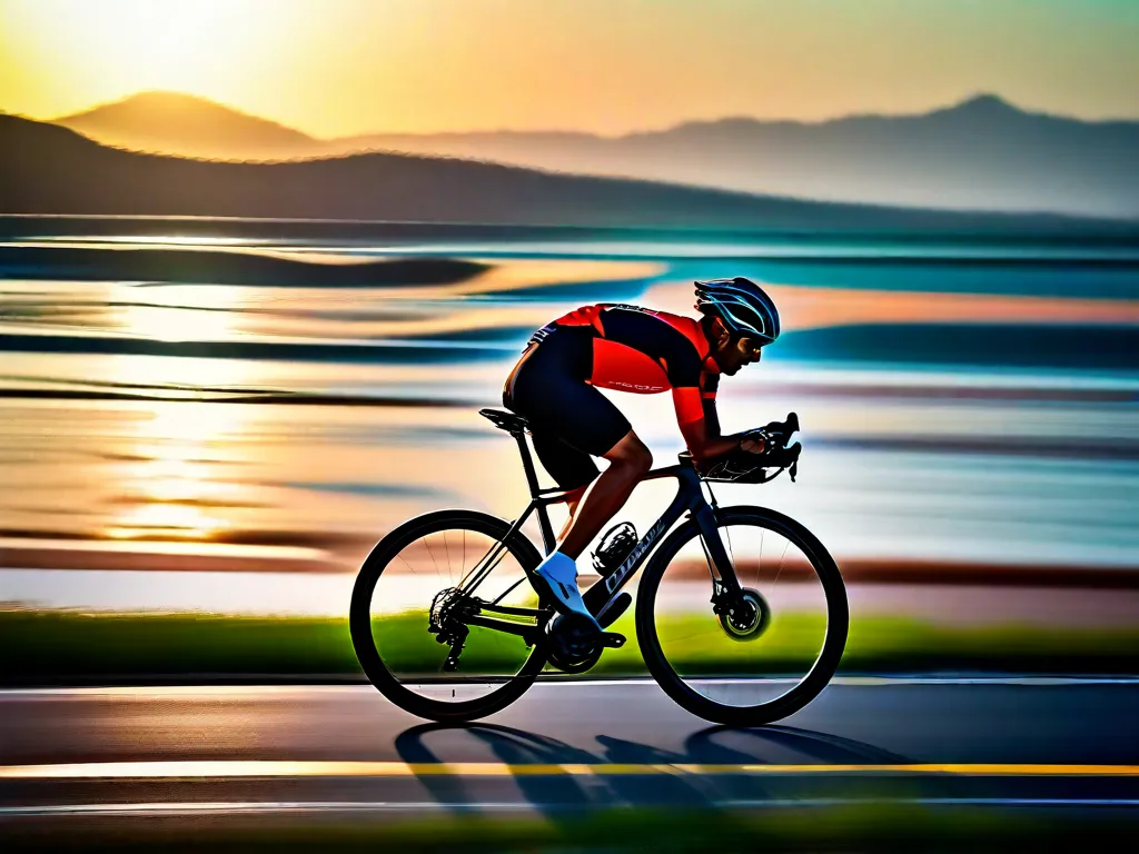 Capture a essência de aperfeiçoar a técnica de andar em linha reta com uma imagem de um ciclista deslizando graciosamente ao longo de uma serena estrada costeira, seu olhar focado fixo à frente, mantendo sem esforço uma trajetória impecável em meio ao impressionante cenário de ondas quebrando e luz dourada.