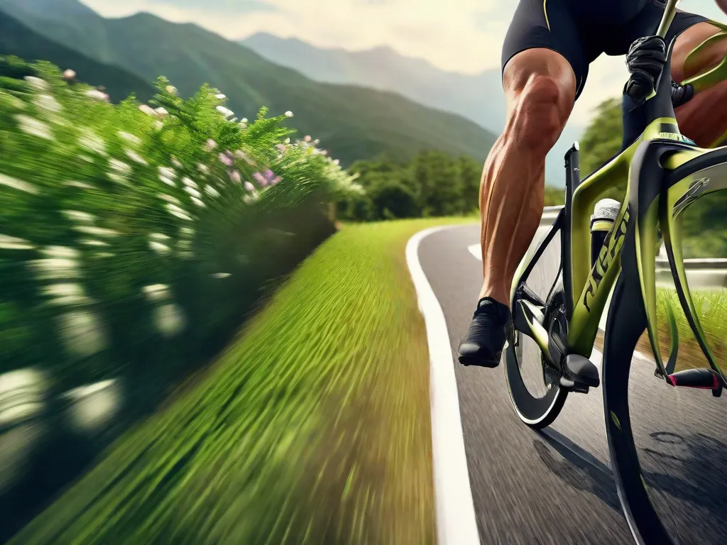 Descrição da imagem: Um close-up das pernas de um ciclista pedalando em uma estrada de montanha cênica. Os músculos das pernas estão visivelmente tonificados, mostrando a aptidão física e resistência necessárias para o ciclismo. O cenário apresenta vegetação exuberante e estradas sinuosas, simbolizando os desafios e recompensas de manter um alto nível de